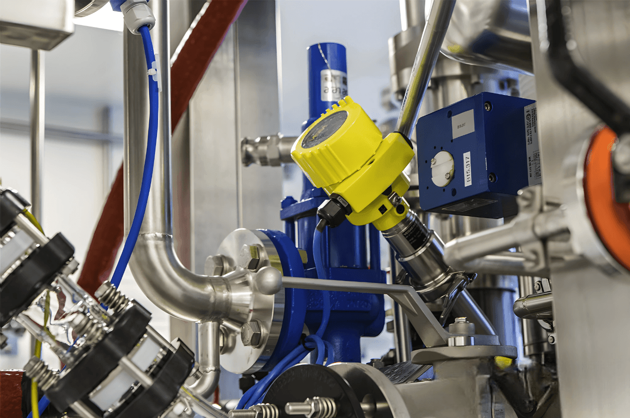 Close-up of industrial machinery with pipes, gauges, and connectors.