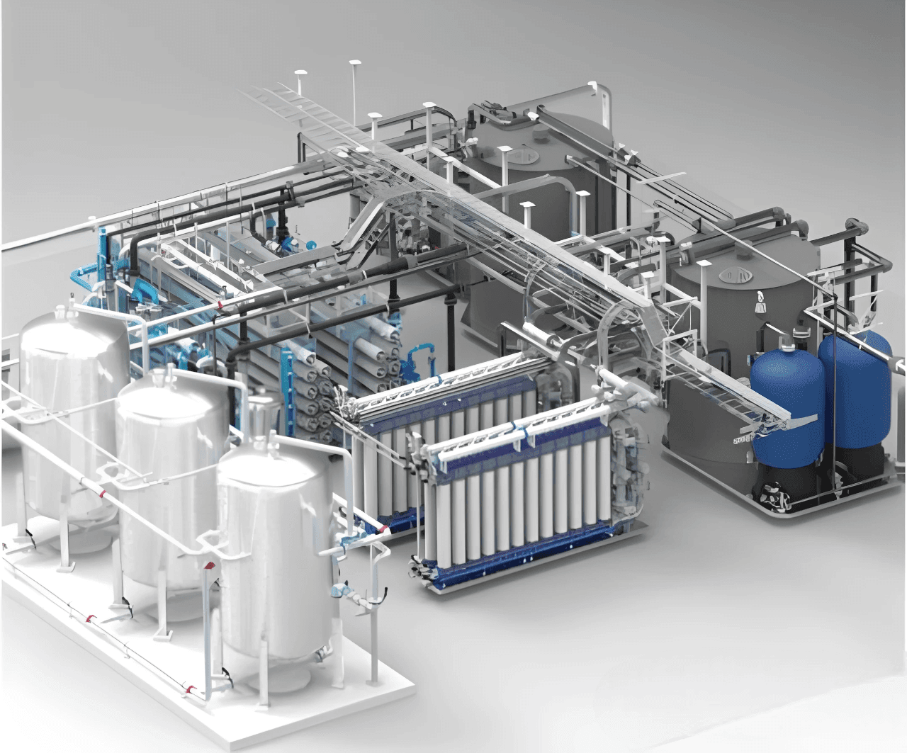 3D rendering of an industrial water treatment system with tanks, filters, and interconnected pipes.