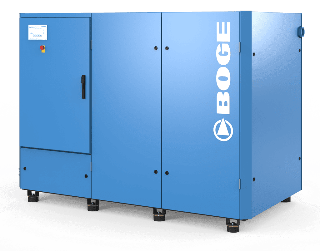 Blue industrial air compressor with Boge logo on the side against a white background.