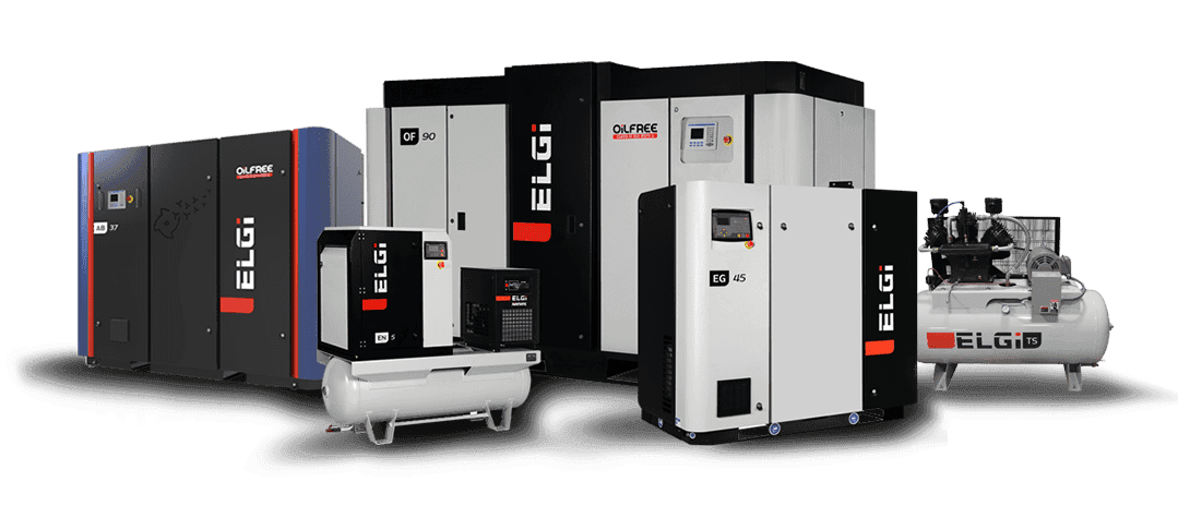 Various industrial air compressors from ELGi, including oil-free and EG series models.