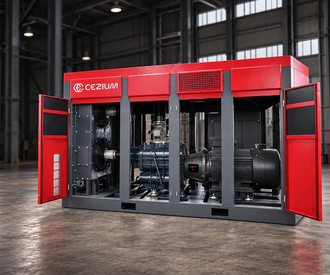 Compresseur CEZIUM capots ouverts : bloc vis, moteur et refroidisseurs