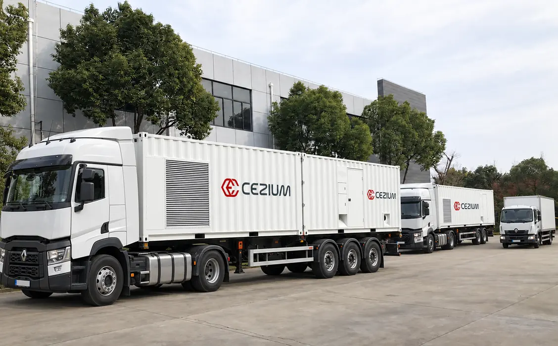 Stations d'air comprimé CEZIUM chargées sur camions, prêtes à être livrées par LIDAIR