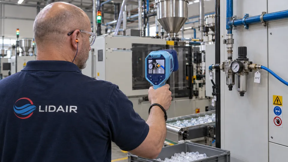 Technicien à l'écoute ultrasonore d'un réseau d'air comprimé, fuites repérées