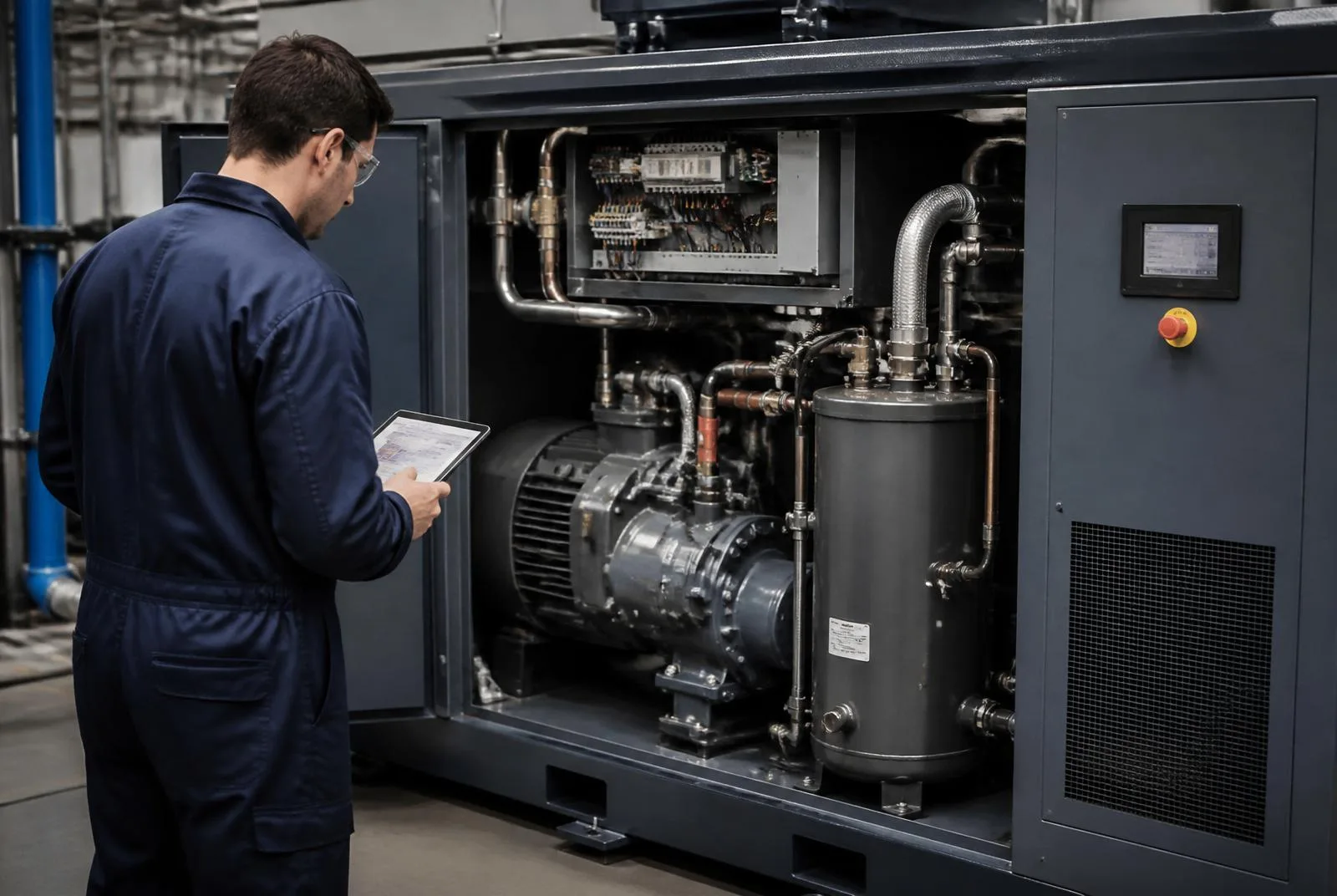 Technicien LIDAIR inspectant un compresseur industriel