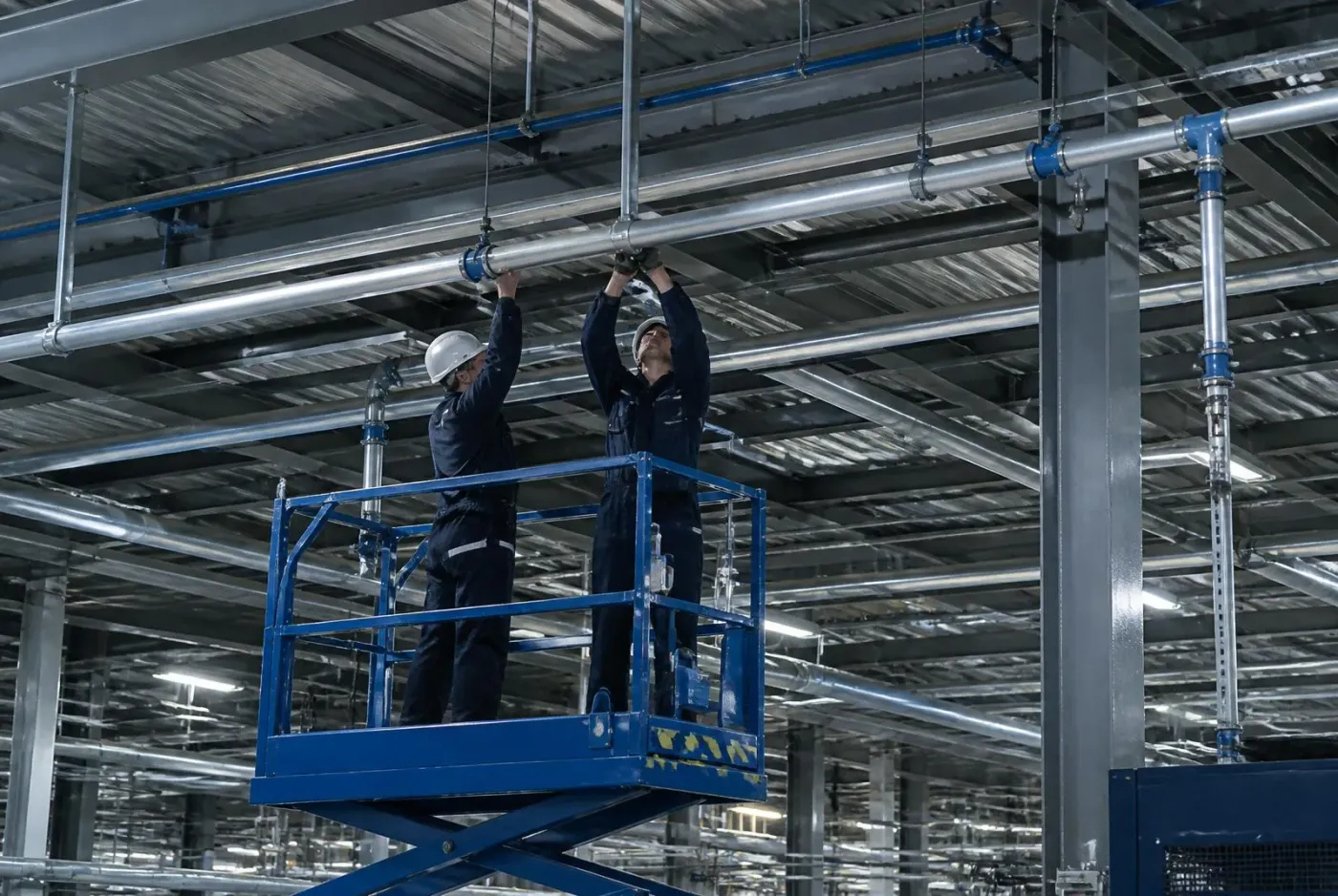 Deux techniciens posent un réseau d'air comprimé en hauteur, depuis une nacelle, dans un grand atelier
