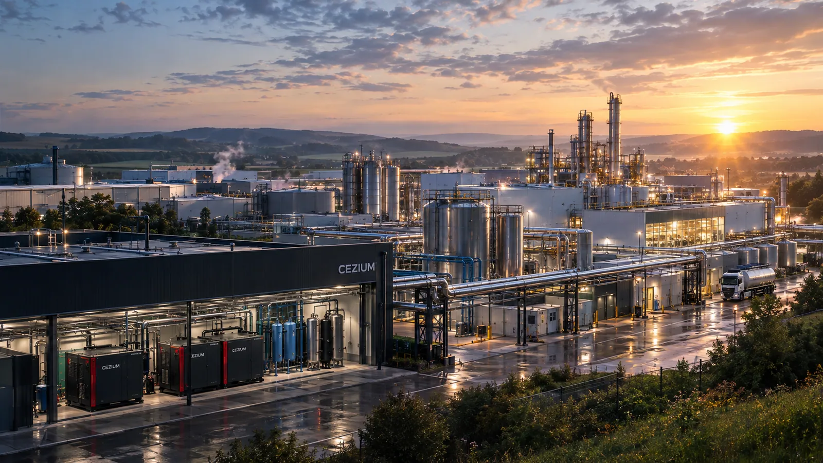 Vue d'artiste d'un site industriel équipé CEZIUM au lever du jour