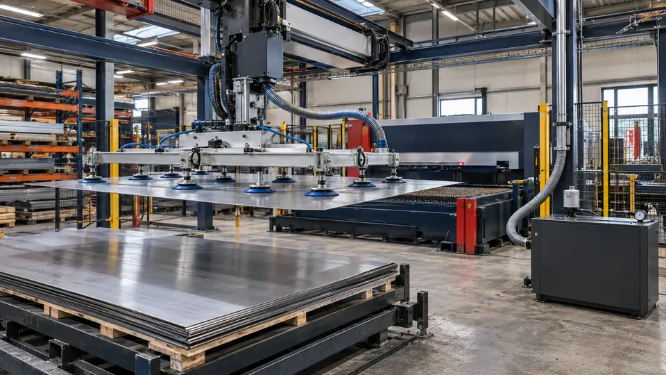 Palonnier à ventouses soulevant une tôle dans un atelier